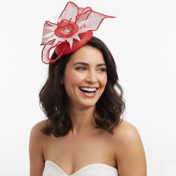 Red Sinamay & White Feather Fascinator | Derby Wedding Races Hat Headpiece - Picture 1 of 7